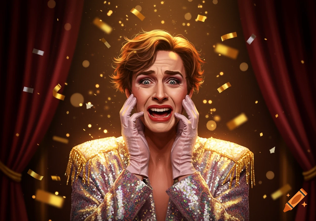 Stylized illustration of a terrified person in a sequined jacket and pink gloves screaming as golden confetti falls on a dark stage.