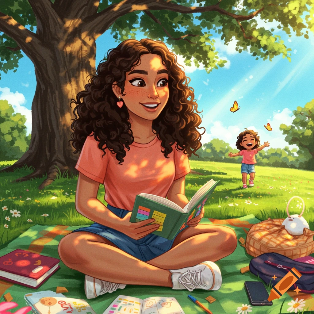 An illustration of a woman reading a book on a picnic blanket in a sunny park, while a child plays in the background.