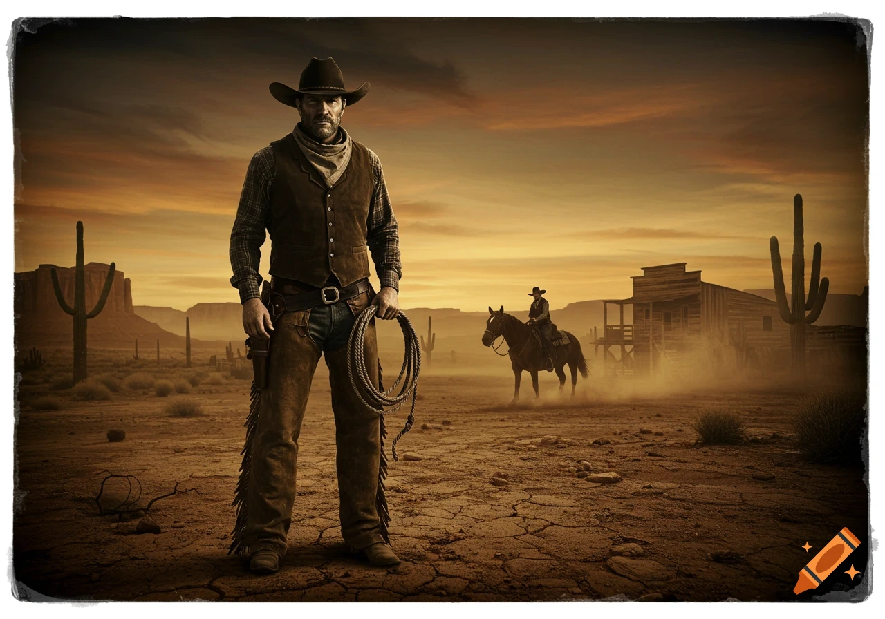 A determined cowboy holding a rope stands in a dry desert landscape at sunset, with another rider on horseback and a saloon in the background.