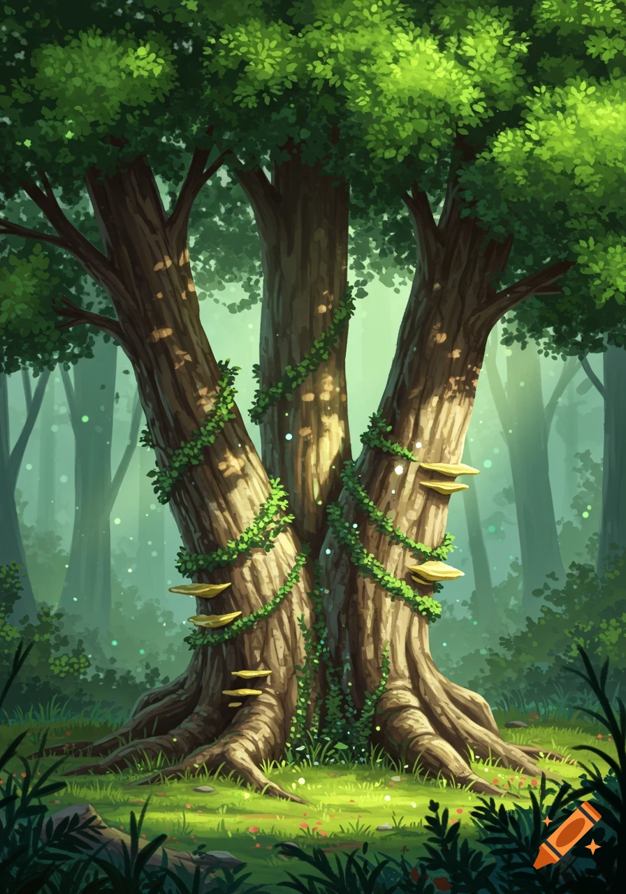 A vibrant illustration of a majestic tree with three thick trunks covered in vines and glowing mushrooms in a magical forest.