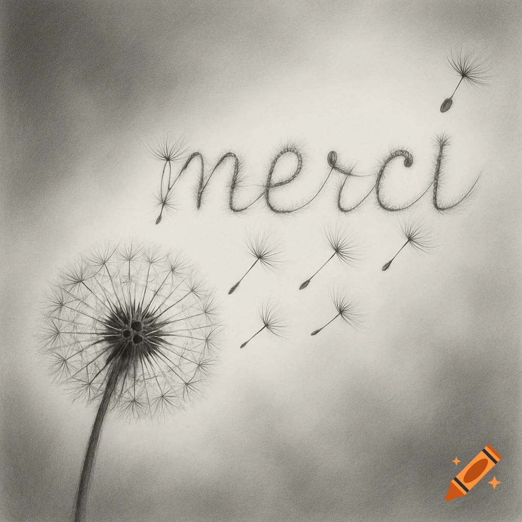 Black and white pencil drawing of a dandelion with seeds blowing away to form the word 'merci'.