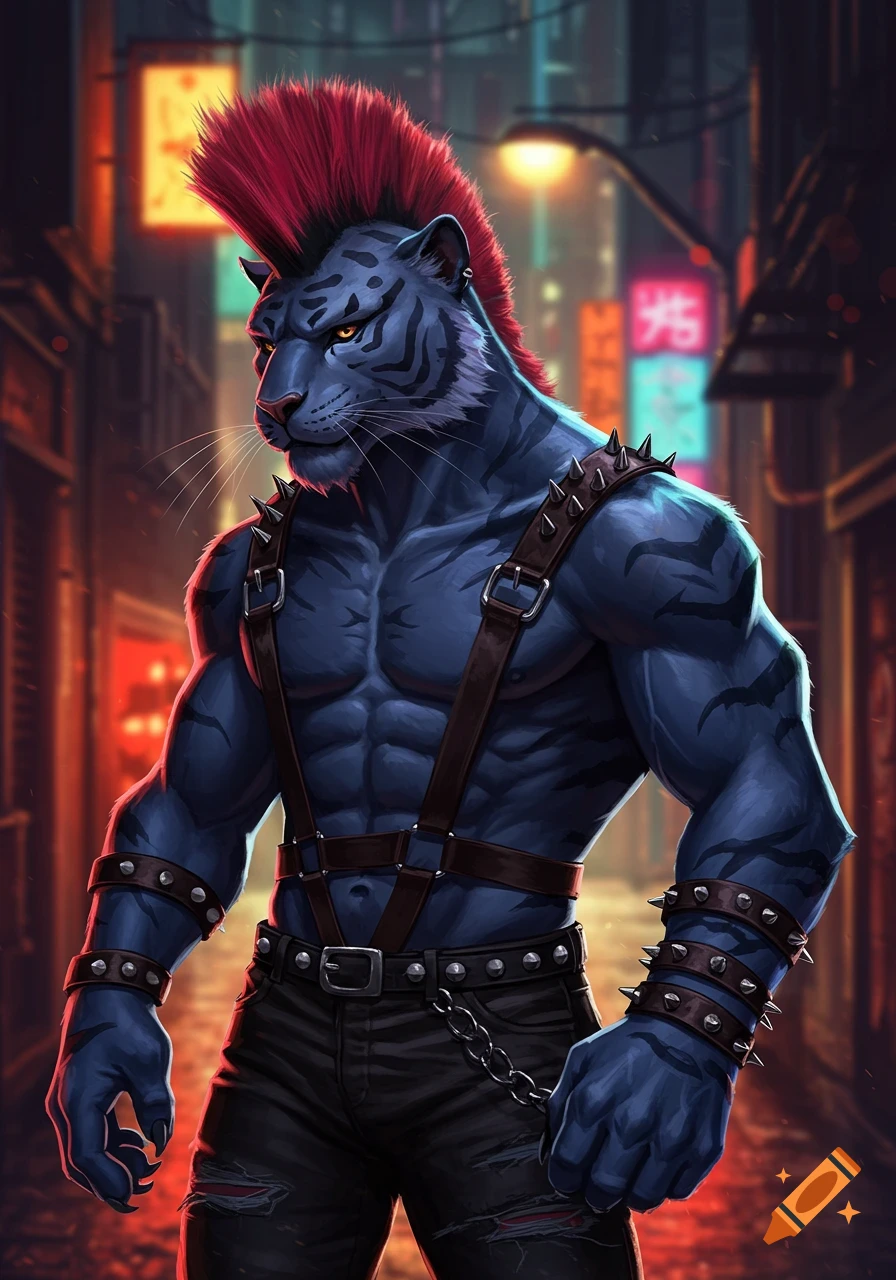 Muscular navy blue humanoid tiger with a red mohawk and punk rock attire stands in a neon-lit city alley, digital art.