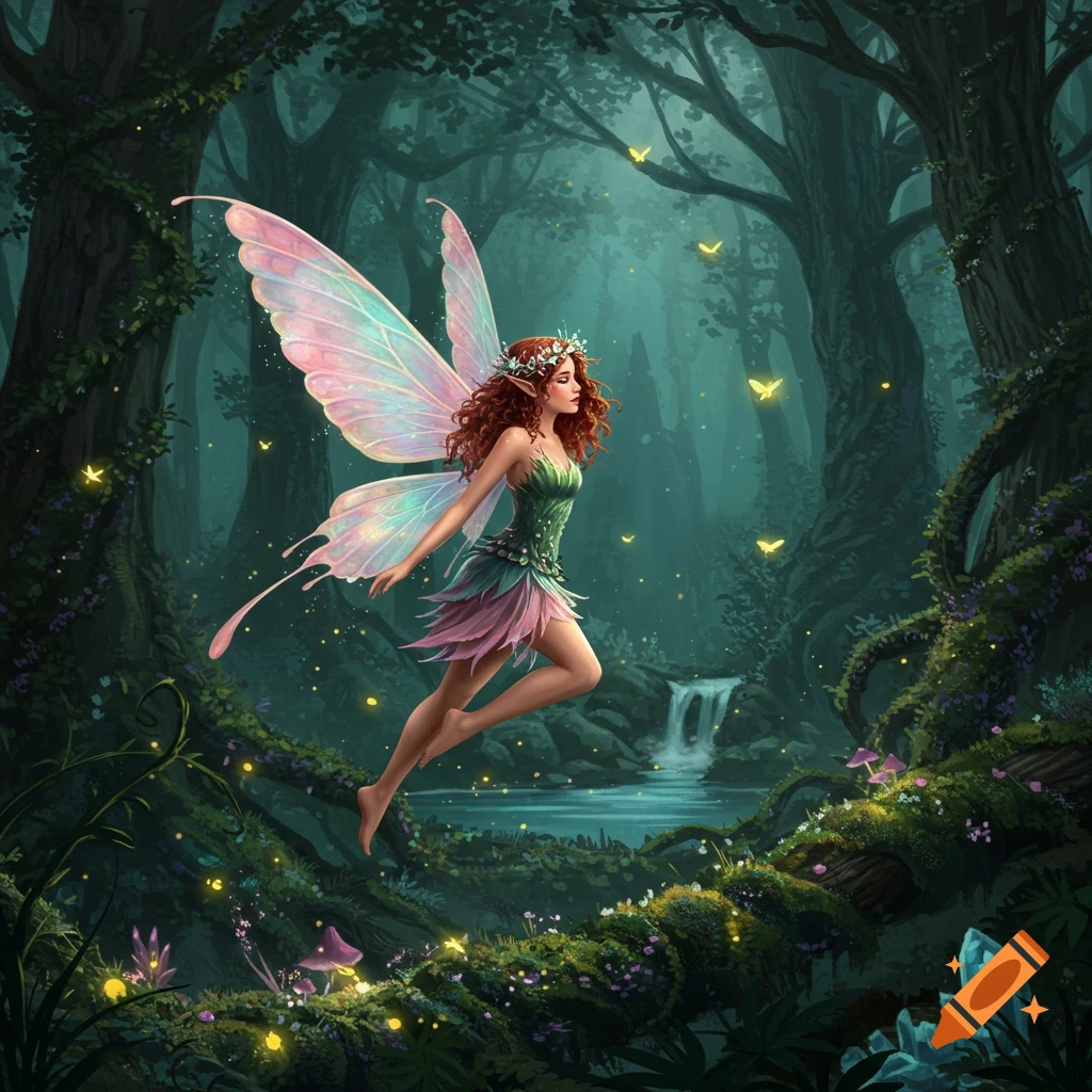 A whimsical fairy with delicate pink and blue wings and red hair floats in a vibrant, mystical forest with glowing fireflies and a waterfall.