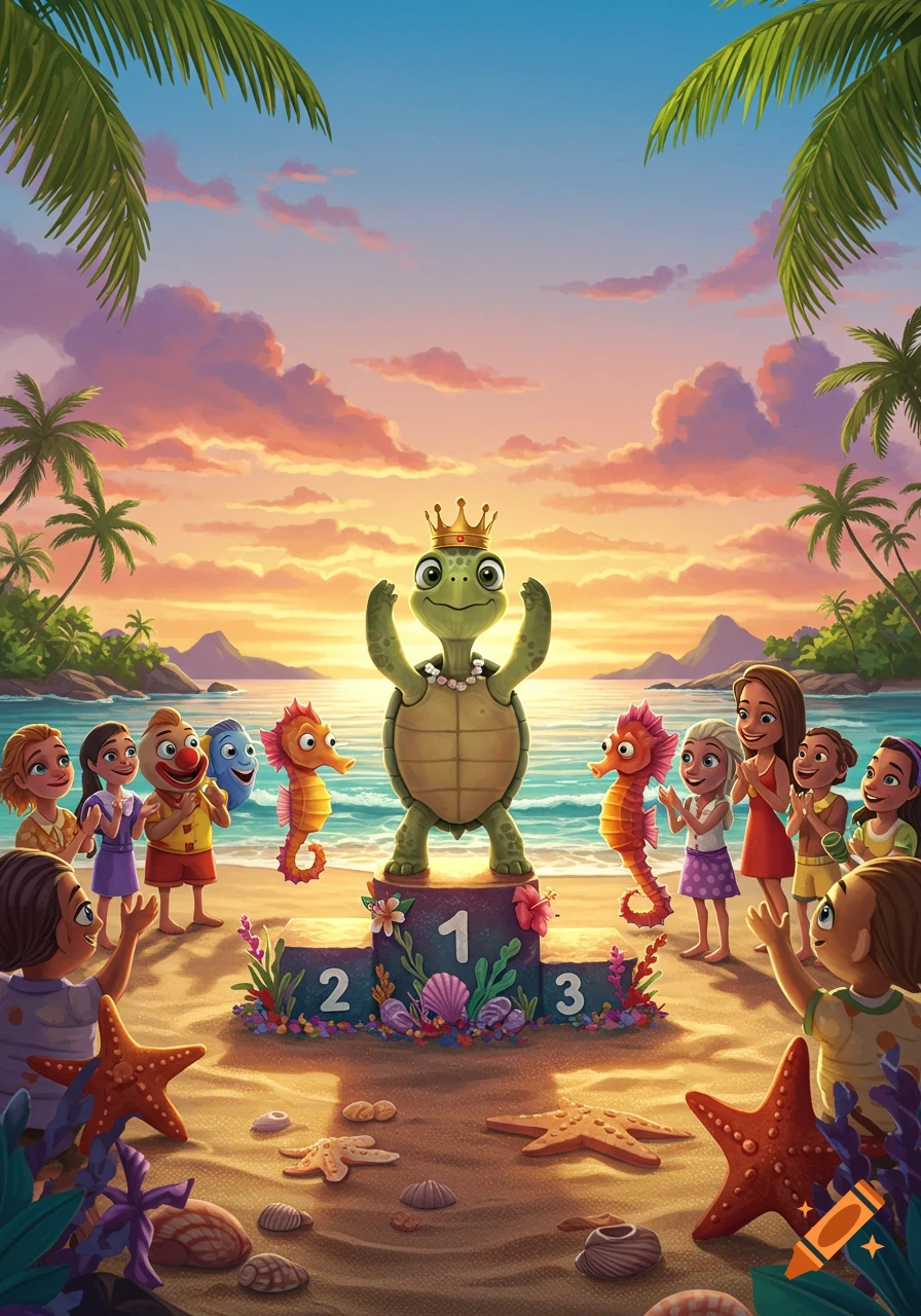Cartoon illustration of a crowned turtle on a winner's podium at a tropical beach sunset, celebrated by children and sea creatures.