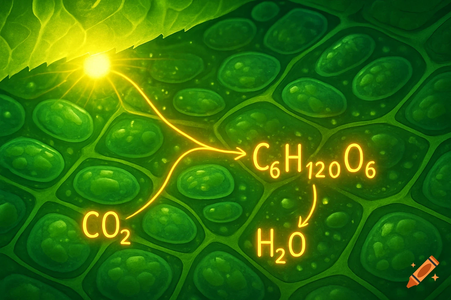 A vibrant, glowing diagram of photosynthesis in plant cells, showing sunlight, CO2, H2O, and C6H12O6.