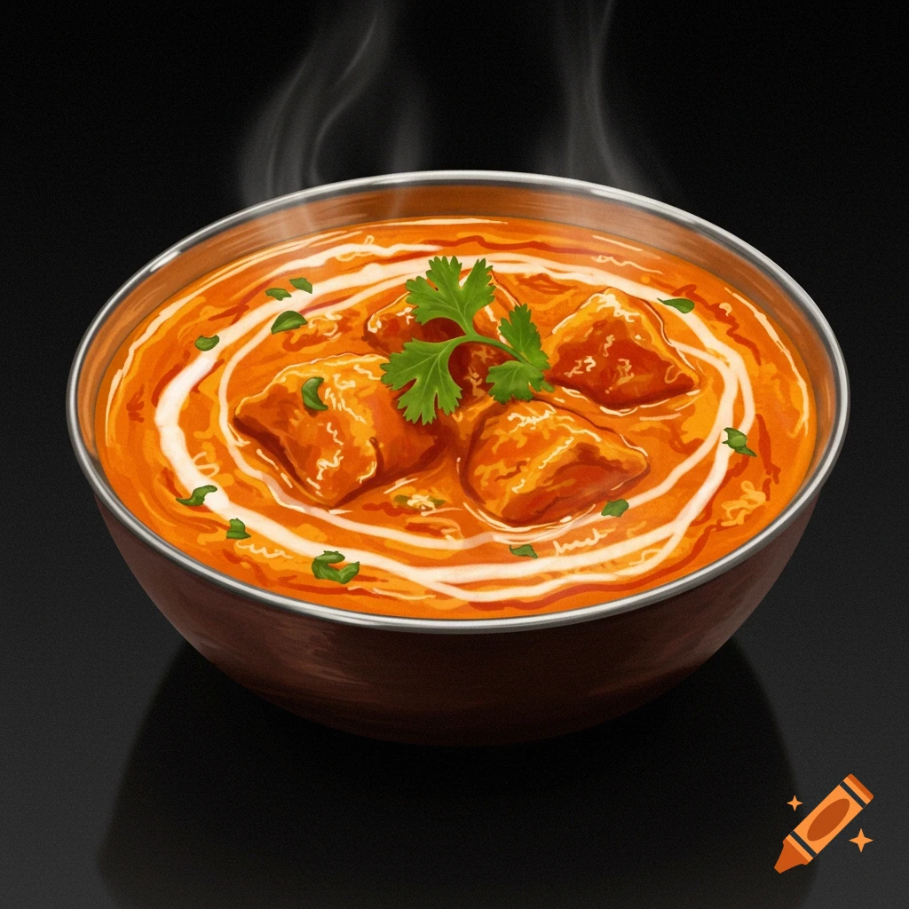 A steaming bowl of butter chicken with cream swirls and cilantro garnish, against a dark background.