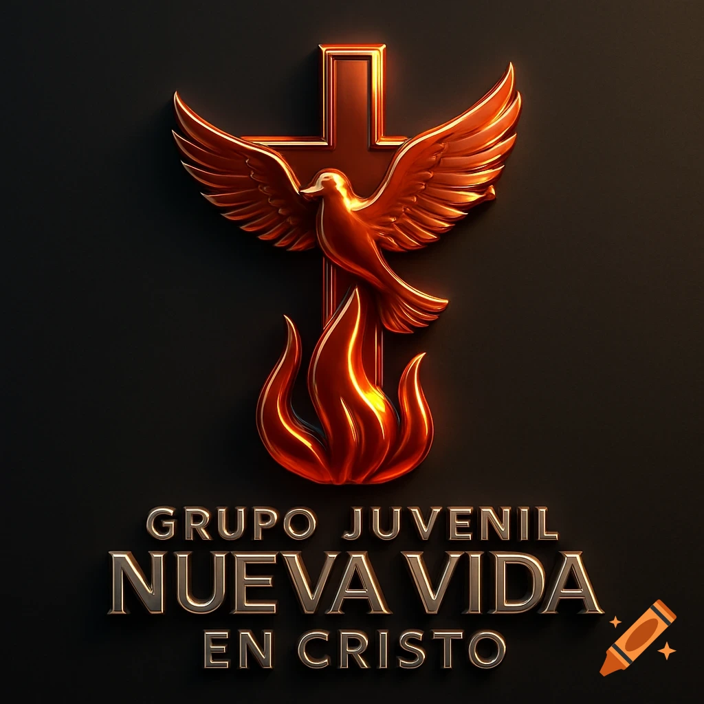 3D red-gold metallic cross with a dove and flame, above 3D silver text 'GRUPO JUVENIL NUEVA VIDA EN CRISTO' on black.