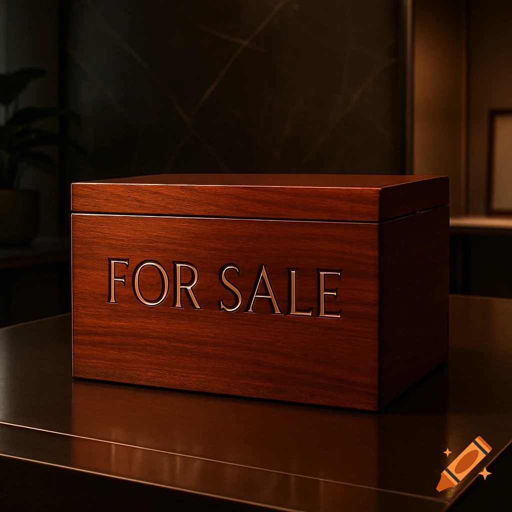 Photorealistic wooden box with "FOR SALE" embossed on the front, sitting on a dark reflective surface.