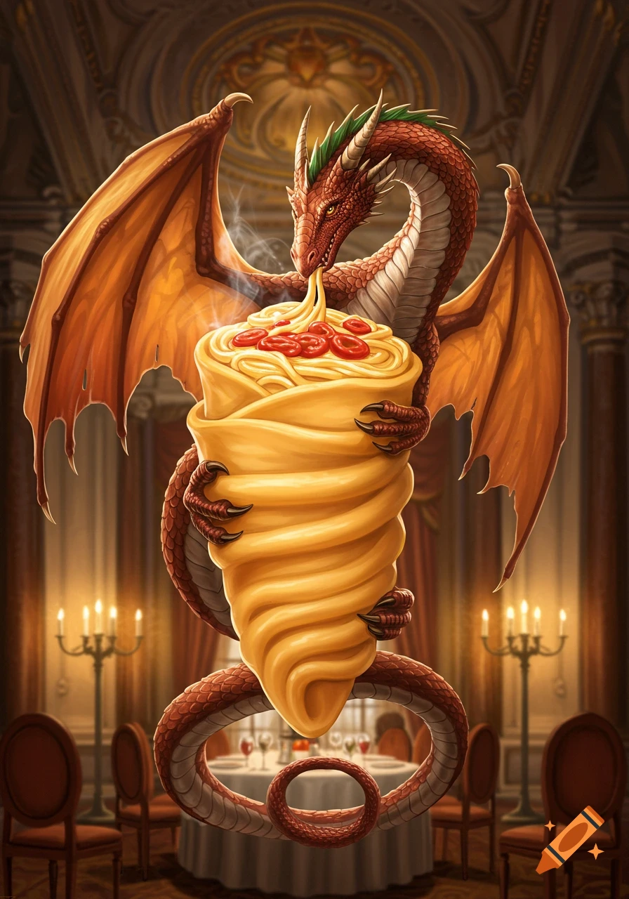 A red dragon dines on a towering spiral of spaghetti with sauce in a lavish, candlelit dining hall.