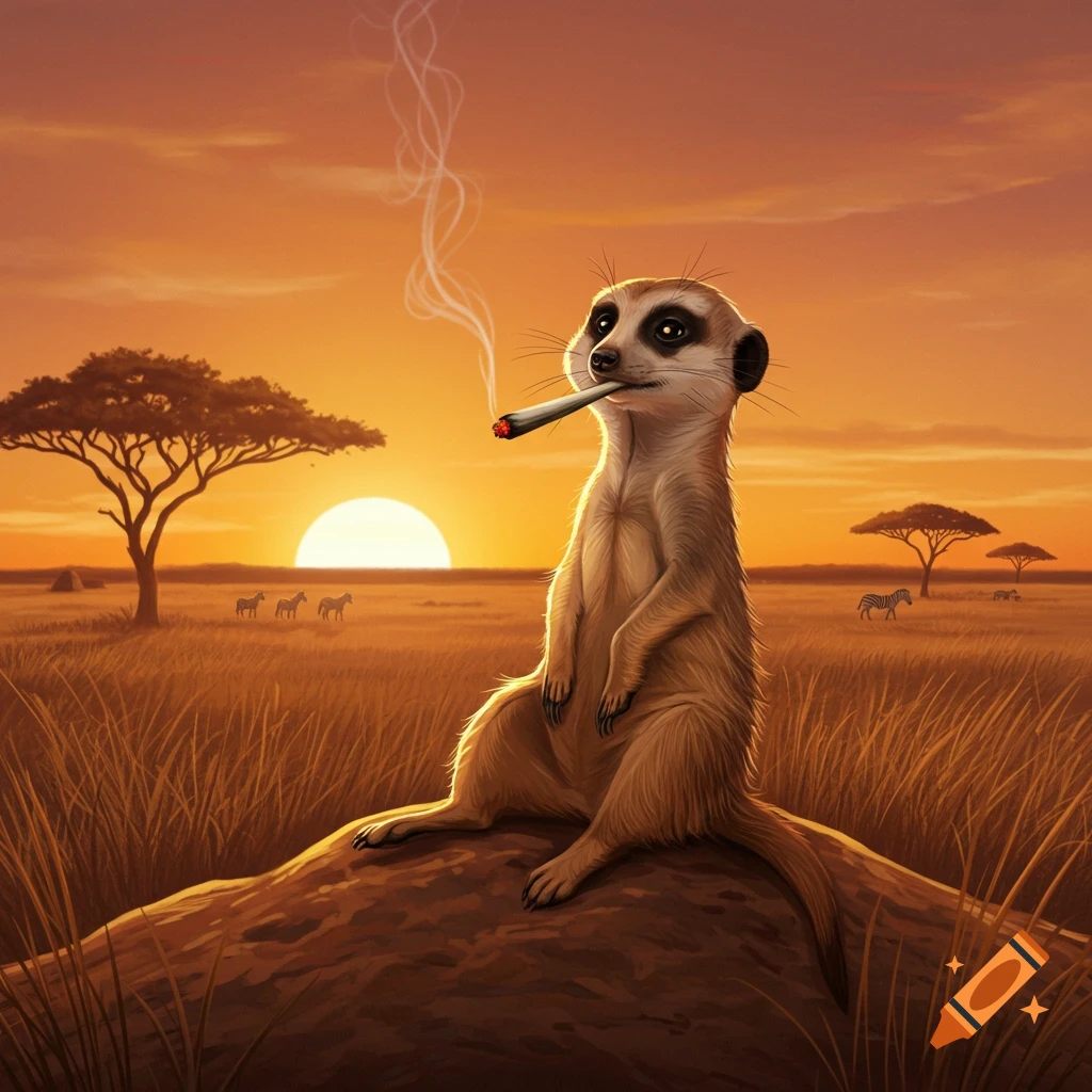 An illustrated meerkat smoking a blunt, sitting on a mound in a savannah at sunset, with acacia trees and zebras in the background.