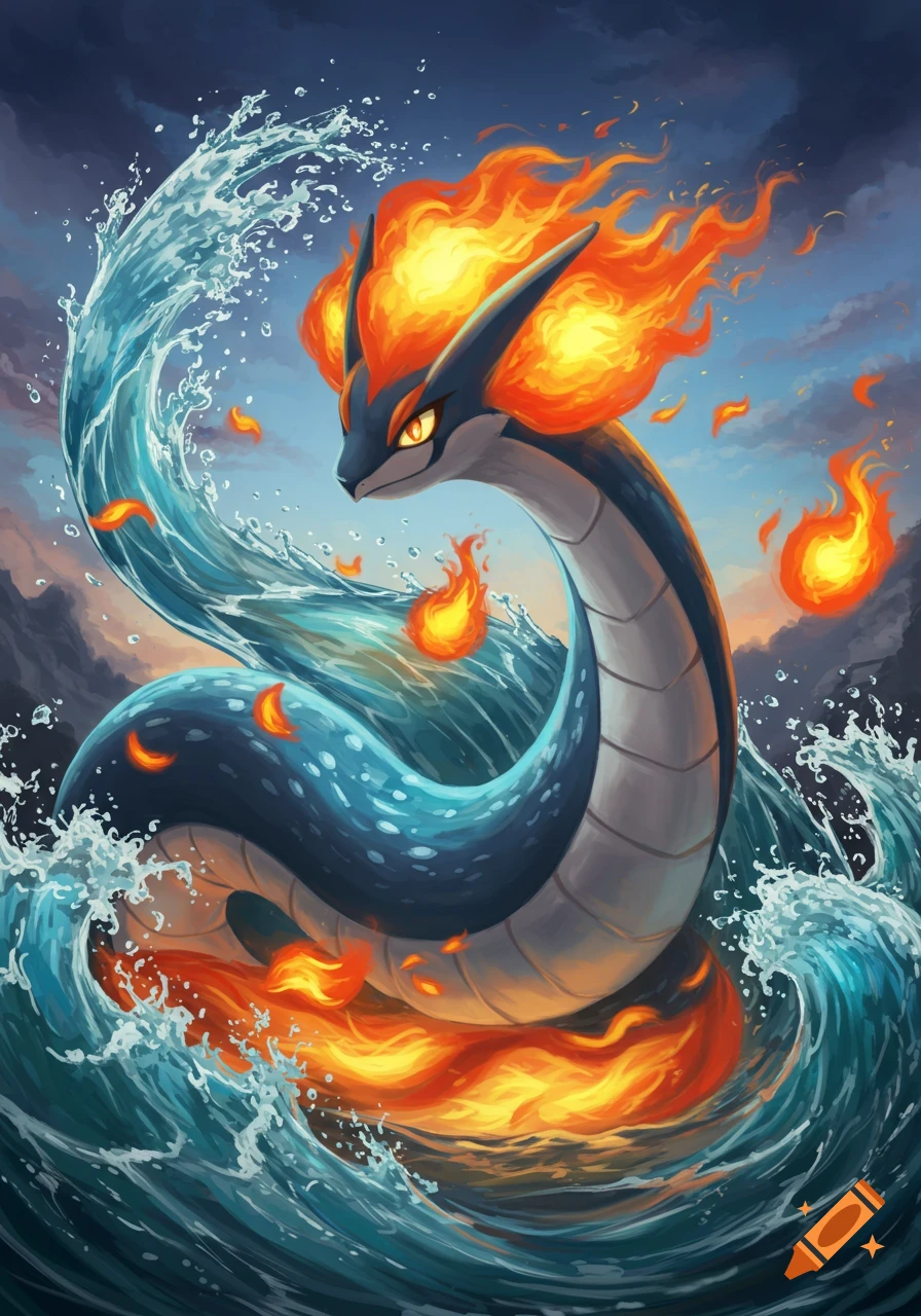A fantasy illustration of a serpent creature with a fiery mane and tail, surrounded by blue splashing water and flames, under a dark sky.