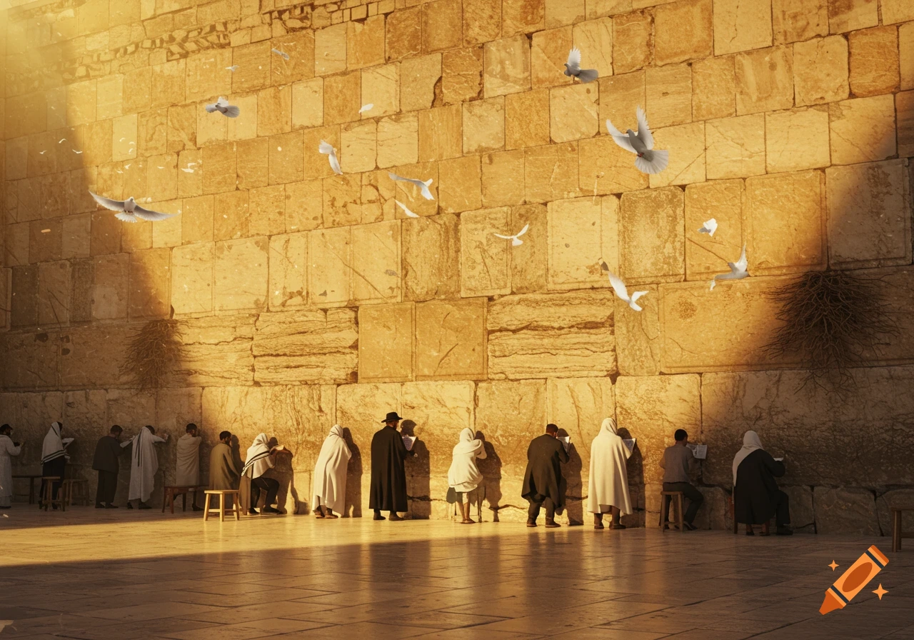 People praying at the ancient Western Wall in Jerusalem under a warm light, with pigeons flying.