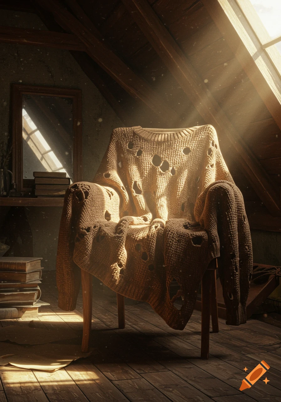 A tattered, holed beige sweater draped over a wooden chair in a dusty attic room, with sunlight shining through a window.