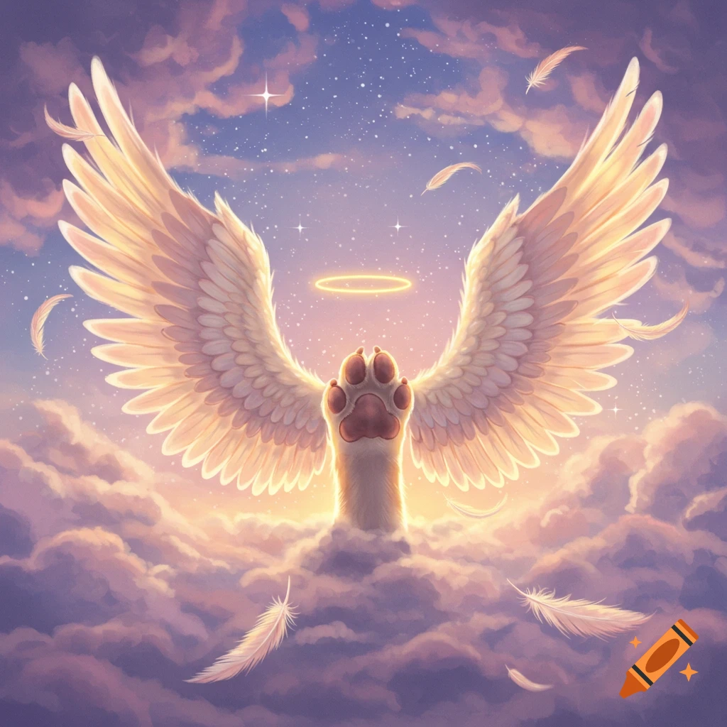 A furry paw with angelic wings and a halo rises above glowing clouds under a starry sky, in a fantasy illustration style.