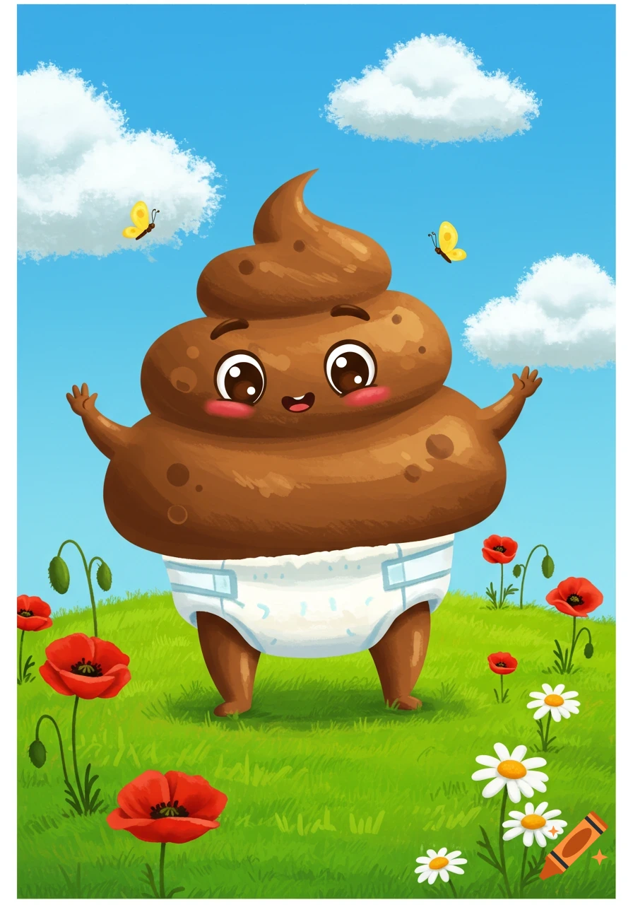 A cute, smiling cartoon poop character wearing a white diaper stands in a green field with red poppies and white daisies under a blue sky with clouds and butterflies.