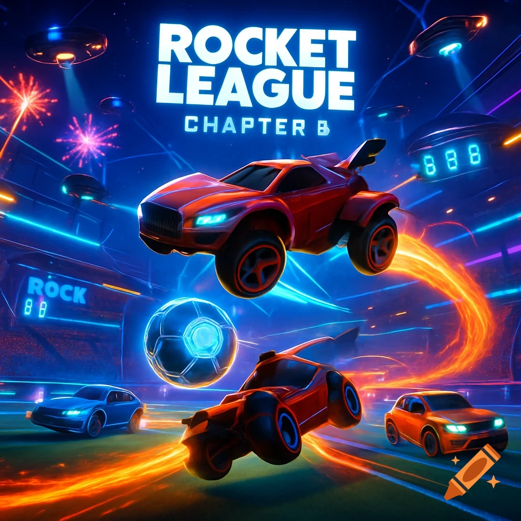 A futuristic game poster for Rocket League Chapter 8, featuring red and blue cars, a large glowing soccer ball, fireworks, and UFOs in a neon stadium.