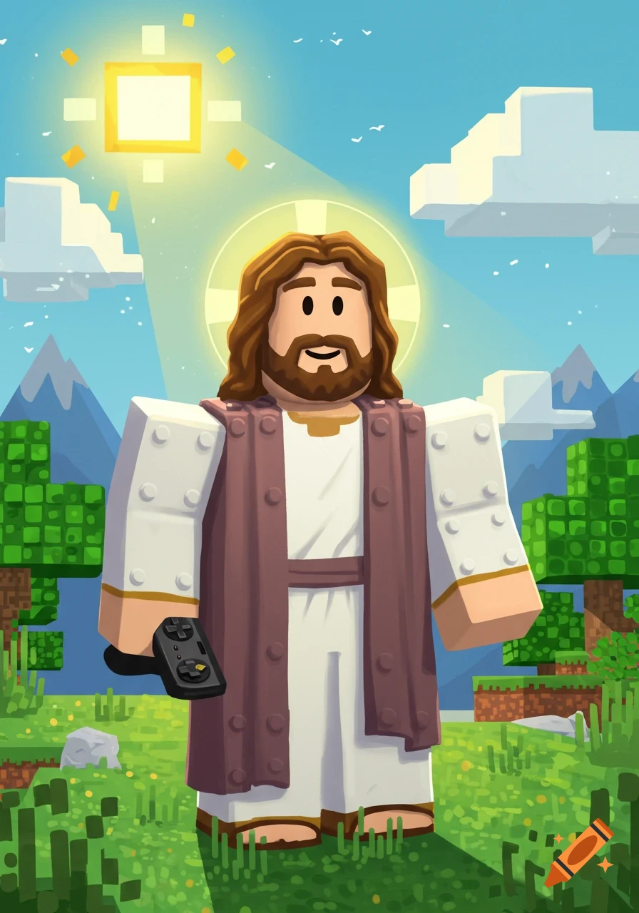 Blocky Jesus character with a halo, holding a game controller in a vibrant pixelated landscape with mountains and a square sun.