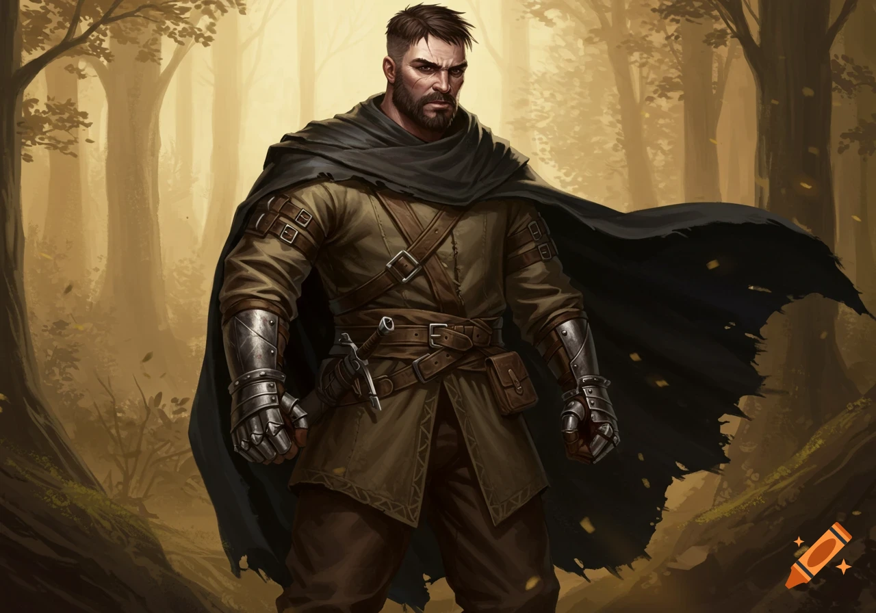 An illustrated male fantasy character with dark hair and beard, wearing a black cloak, adventuring clothes, and metal gauntlets, standing in a forest.