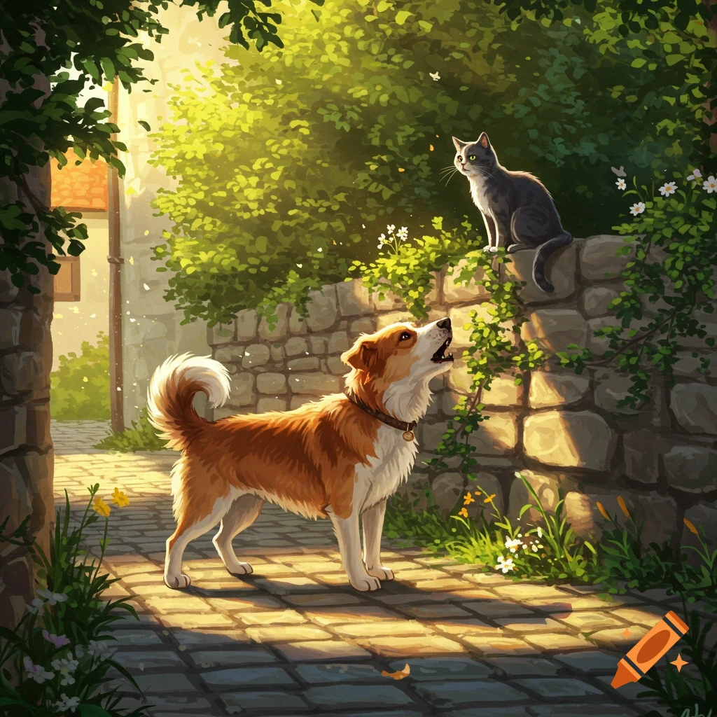 A stylized illustration of a brown and white dog barking at a gray cat perched on a stone wall in a sun-dappled outdoor alley.