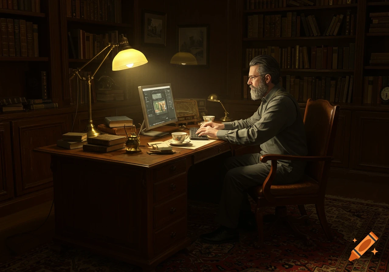 A bearded man works at an antique desk with a computer, surrounded by bookshelves in a dimly lit study.