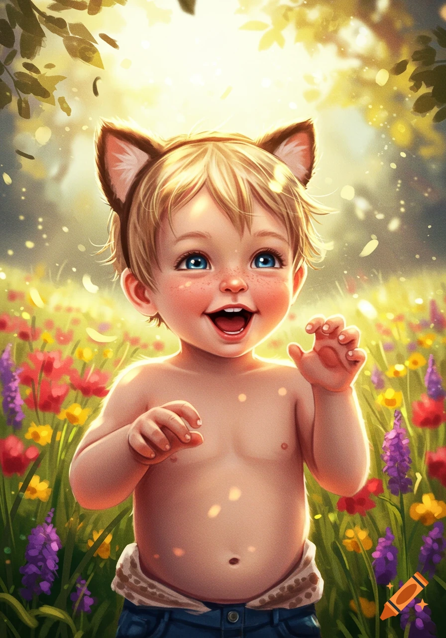 A blonde toddler with blue eyes and cat ears, smiling and reaching out in a sunlit field of colorful flowers, digital art.