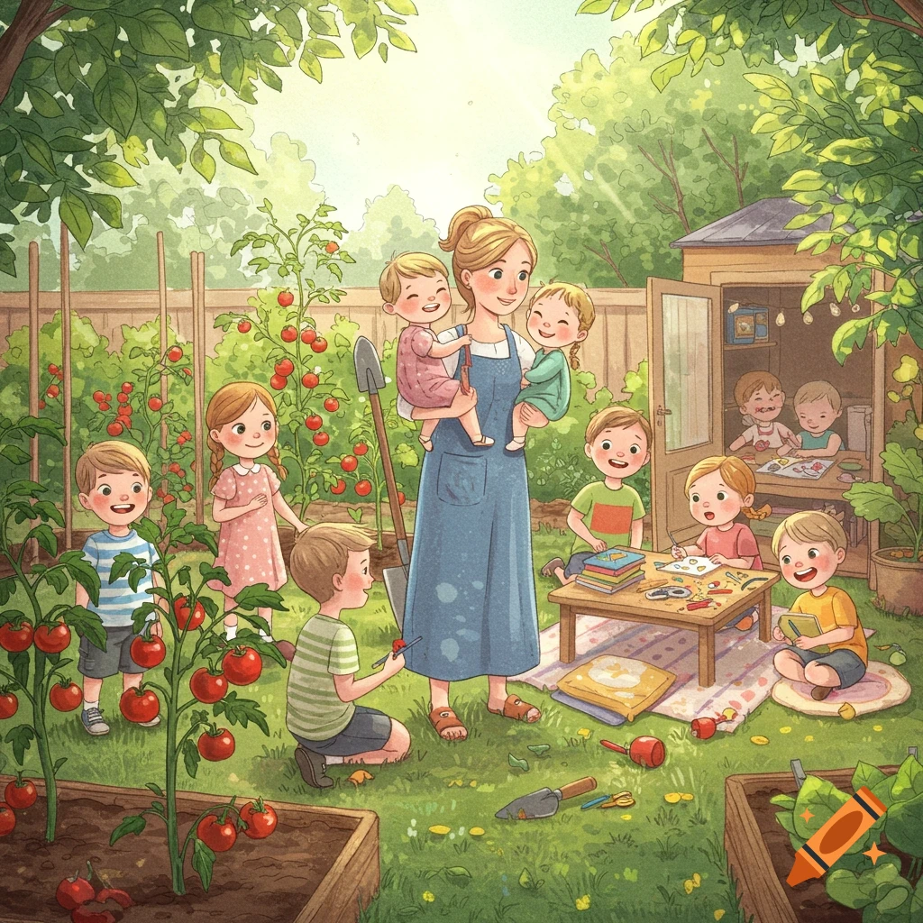 A whimsical storybook illustration of a mom and many children gardening, playing, reading, and crafting in a sunny backyard with tomato plants.