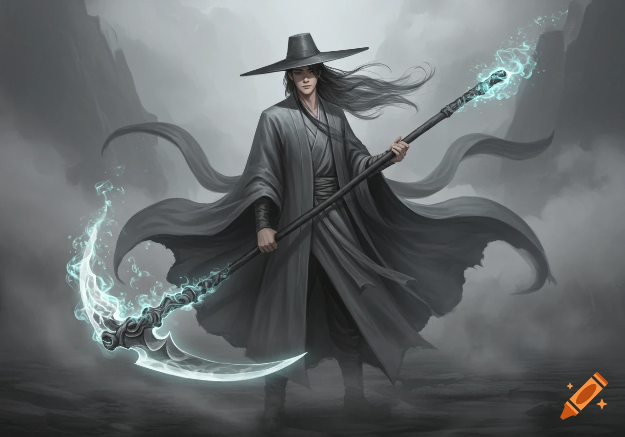 An Asian male in a gray cloak and wide hat, with flowing smoke-like hair, holding a glowing scythe in a misty landscape.