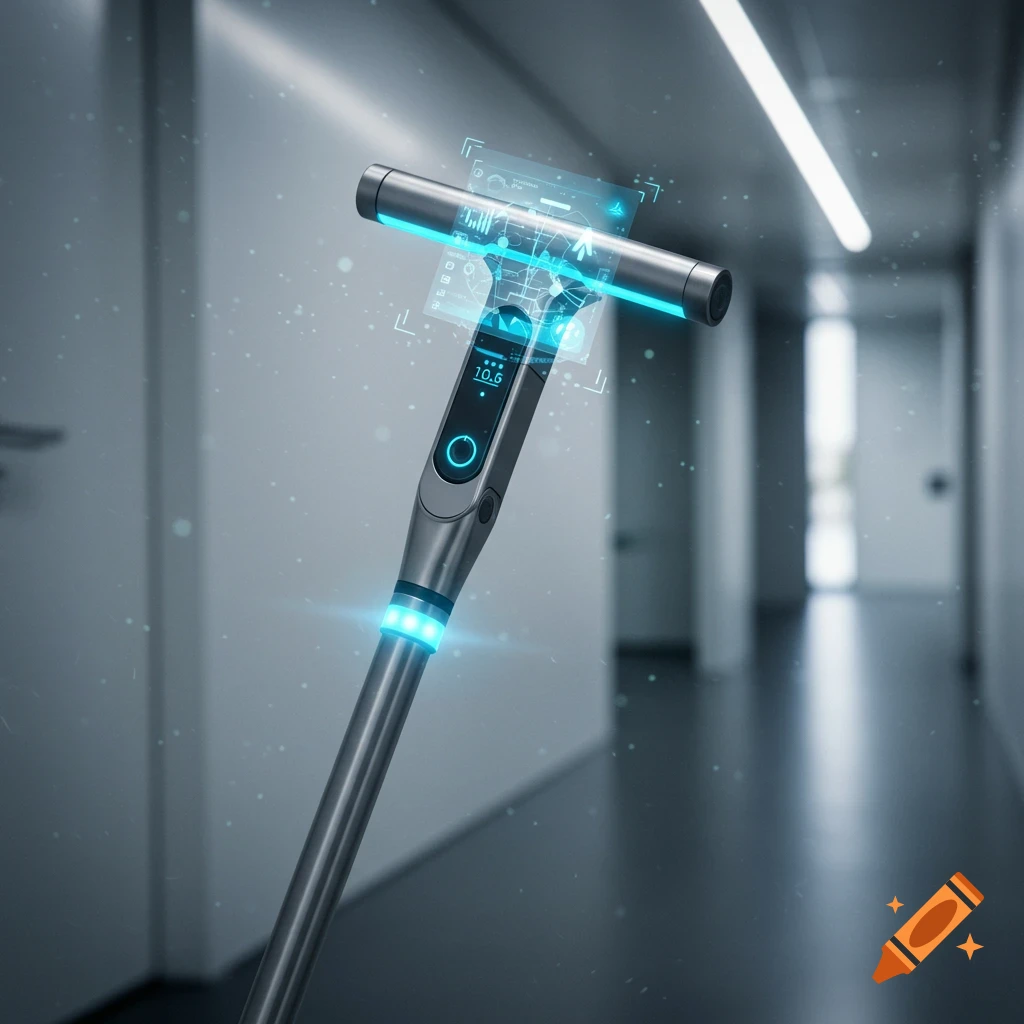 A high-tech cane with glowing blue lights and holographic displays, standing in a modern, brightly lit hallway.