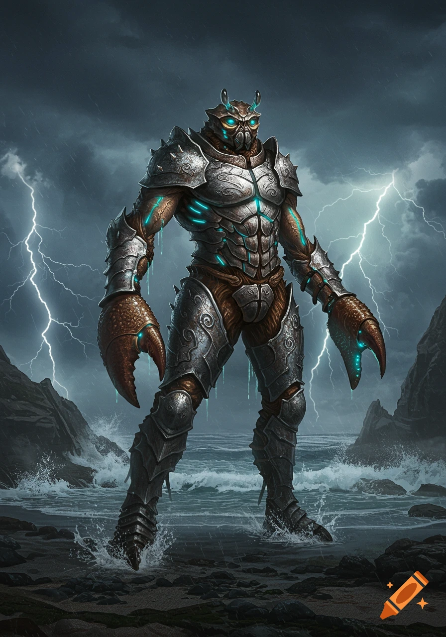 An anthropomorphic crab warrior in ornate silver armor with glowing blue accents stands in a stormy sea, lightning striking behind.