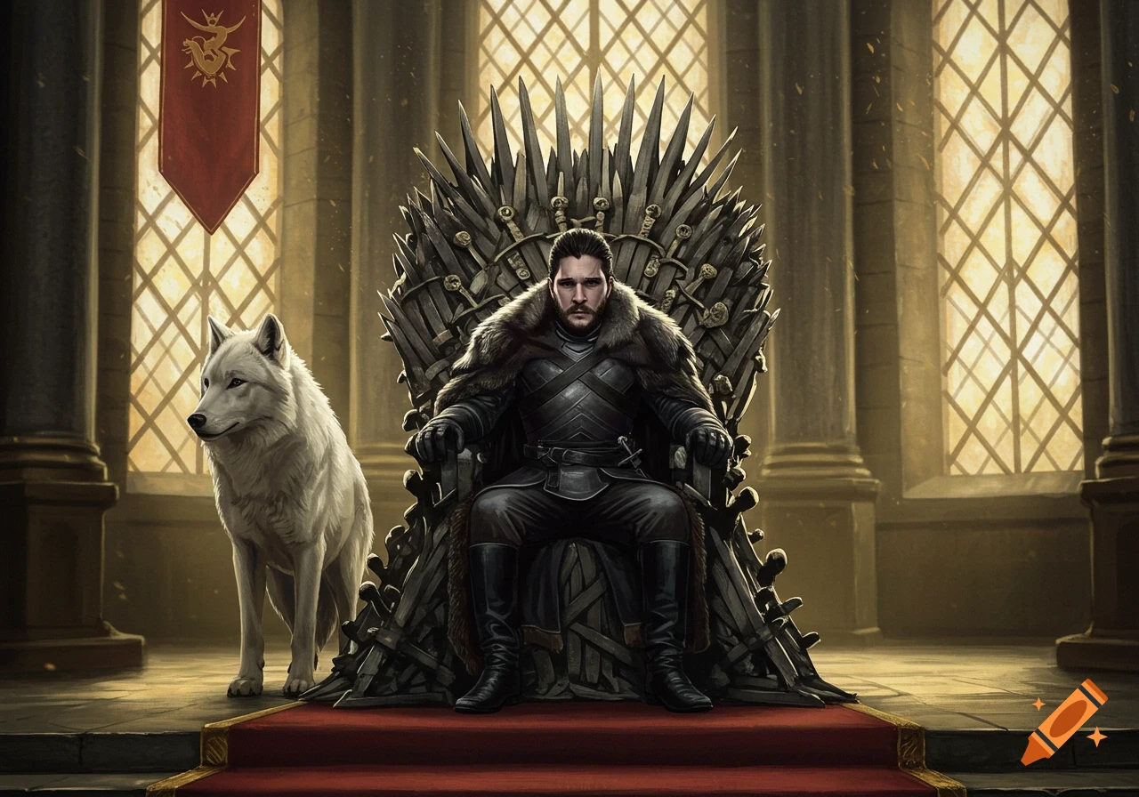 Jon Snow sits on the Iron Throne, regal in dark fur armor, with his white direwolf Ghost beside him in a sunlit castle hall. Fantasy art.