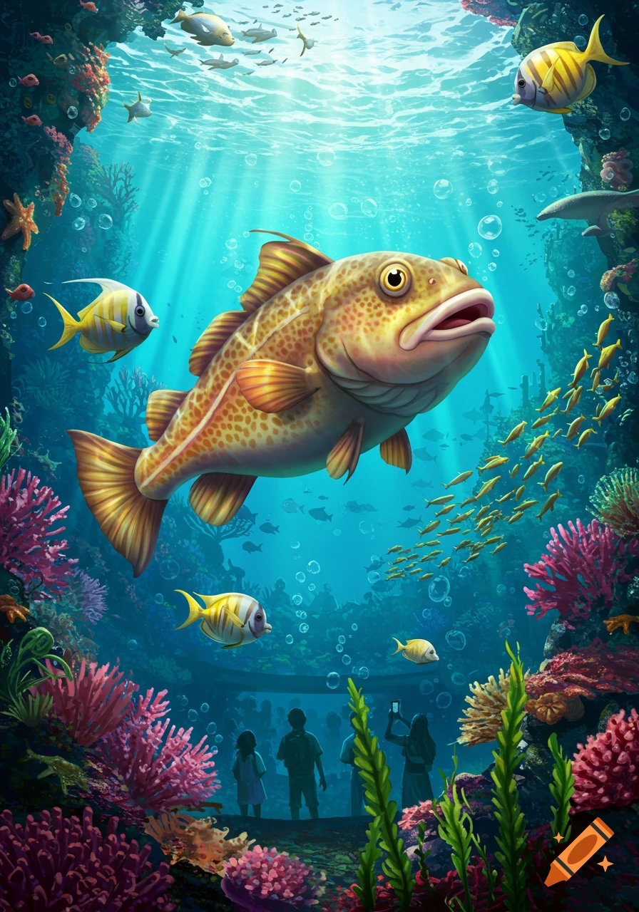 A vibrant underwater scene with a large, golden fish, colorful coral, smaller fish, and silhouetted people watching from an aquarium.