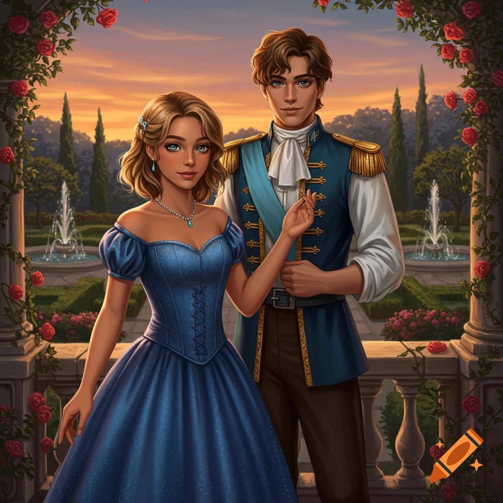 A young girl in a blue gown and a prince in a blue uniform stand in a rose garden at sunset. Digital art.