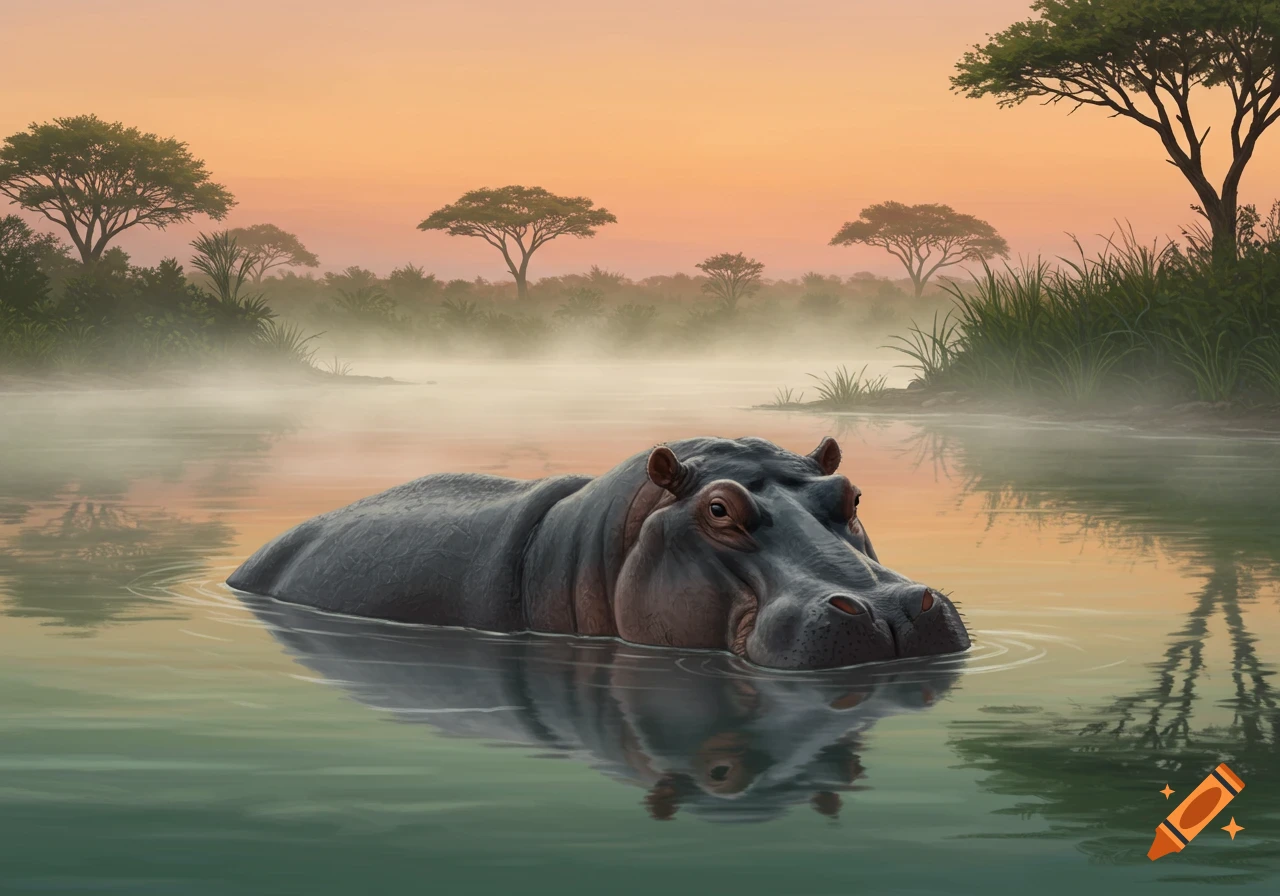 A hippo in a misty river at sunrise, with savanna trees in the background.
