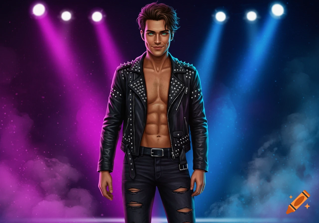 A handsome male character with dark hair, green eyes, and a strong build, wearing an open studded leather jacket and ripped jeans, stands on a stage with purple and blue spotlights. He has dimples and a confident smile.
