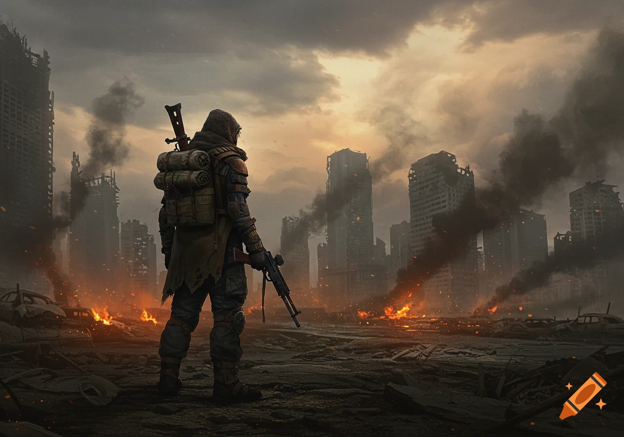A lone, heavily armored survivor with a rifle stands in a ruined, burning city under a smoke-filled, orange sky.