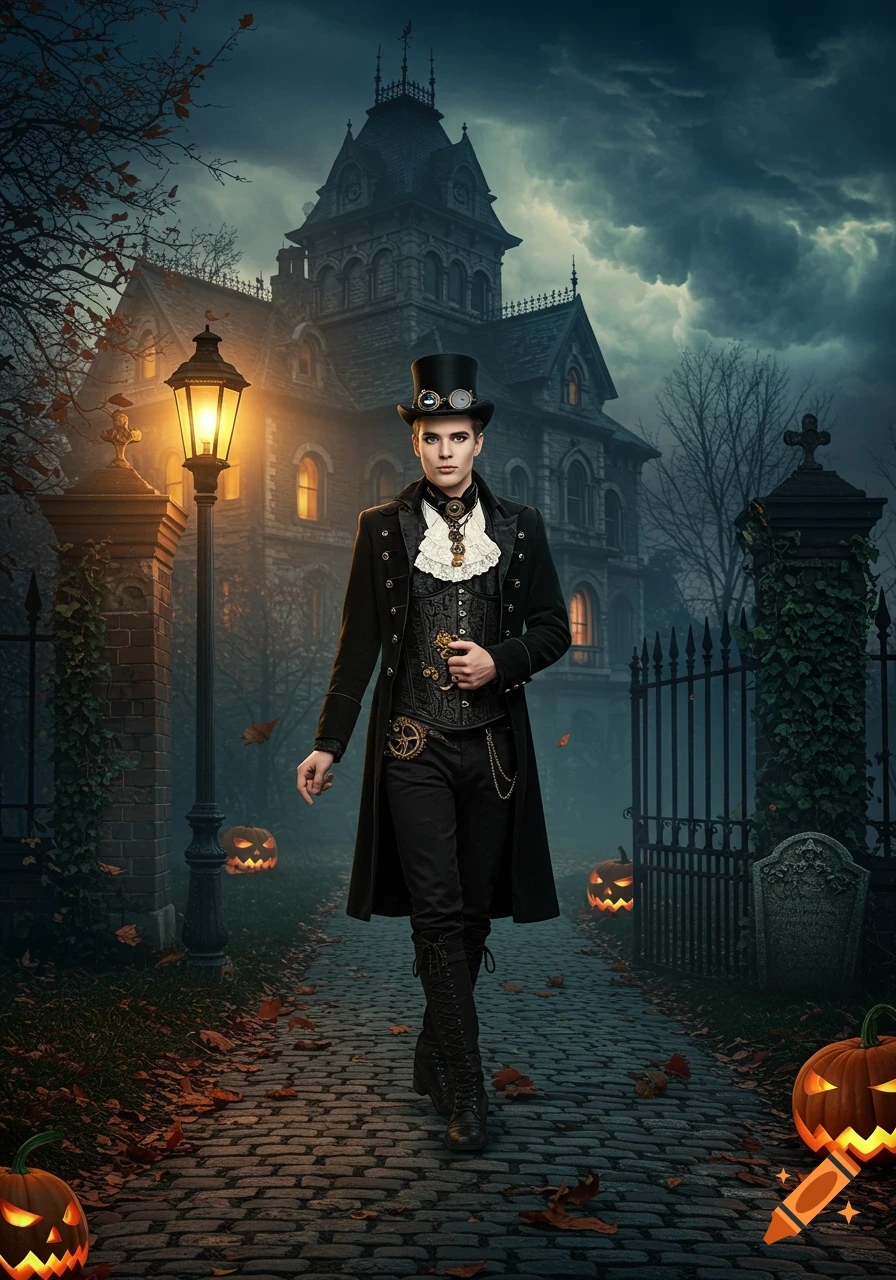 A man in a black steampunk gothic coat and top hat walks on a cobblestone path lined with jack-o'-lanterns towards a spooky Victorian mansion at dusk.