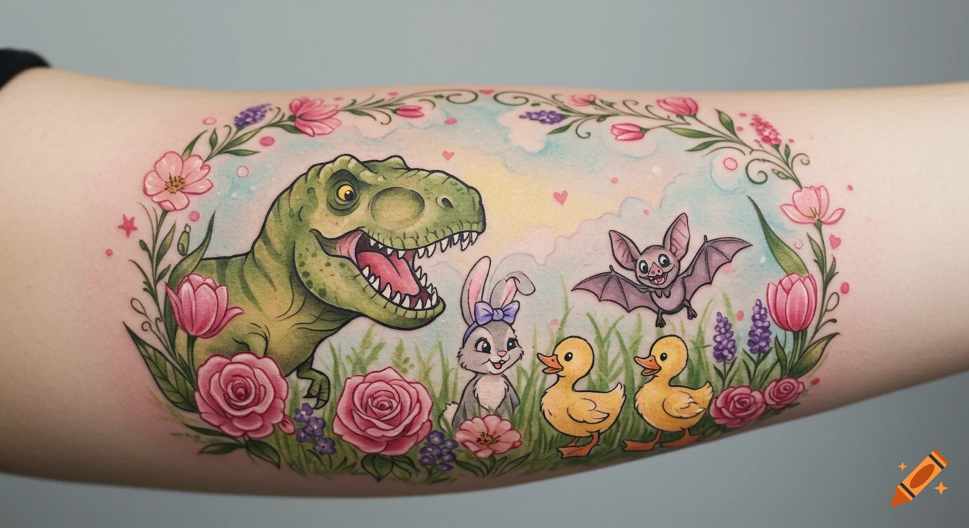 A whimsical watercolor tattoo on an arm featuring a cartoon T-Rex, bunny, bat, and two ducklings surrounded by pink and purple flowers.