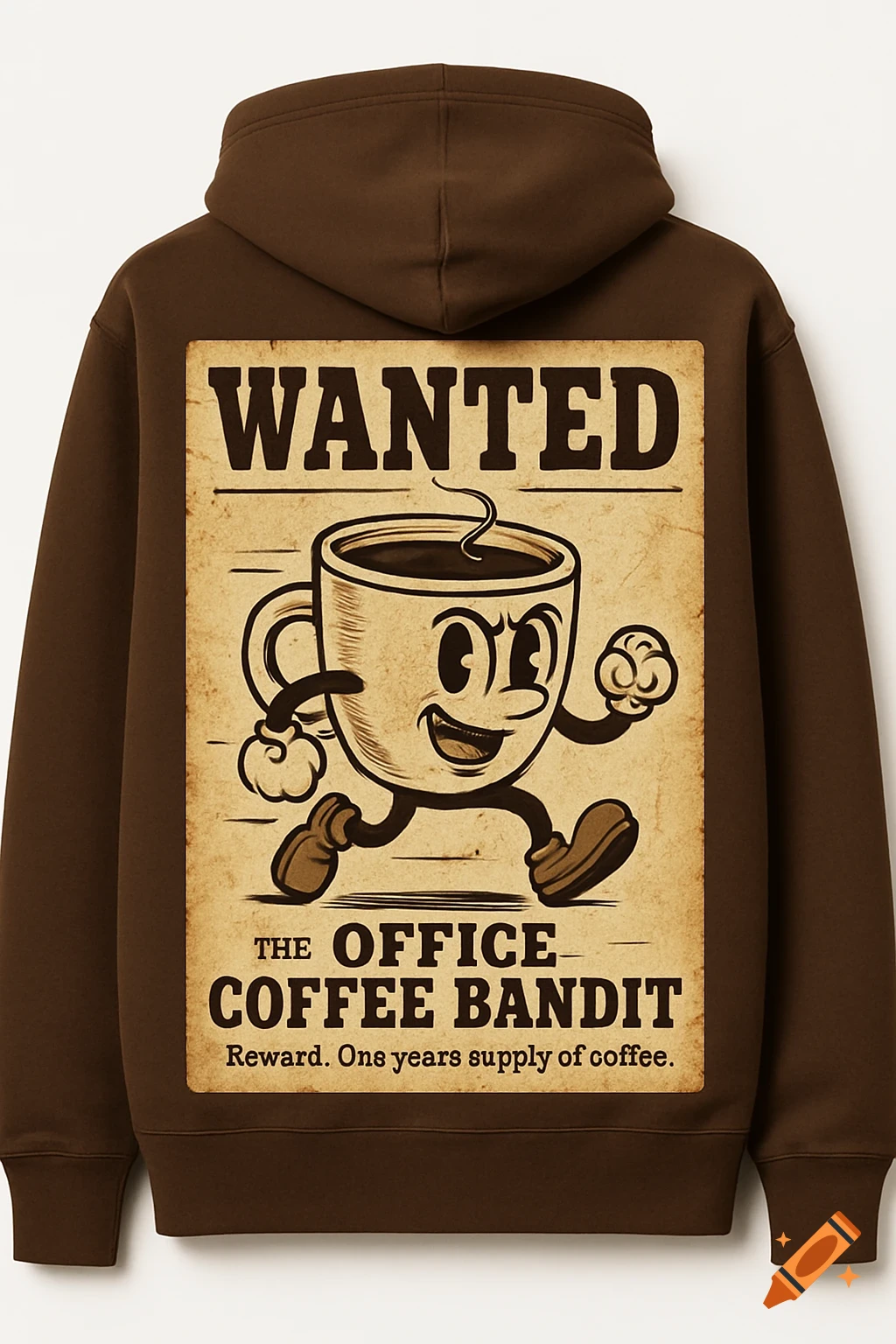 Brown hoodie with a vintage-style wanted poster on the back featuring a running anthropomorphic coffee cup character, titled 'WANTED: THE OFFICE COFFEE BANDIT'.
