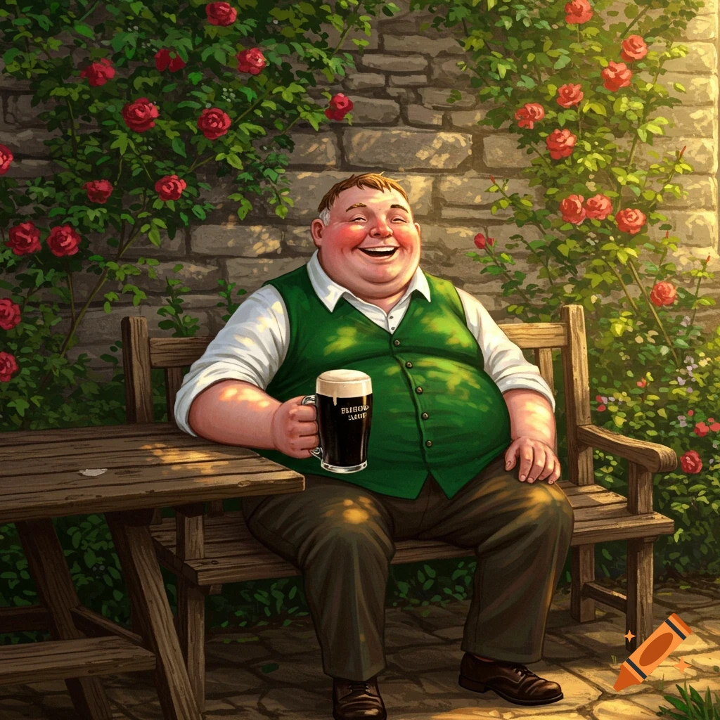 A smiling obese man in a green vest sits on a wooden bench in a rose garden, holding a dark beer.