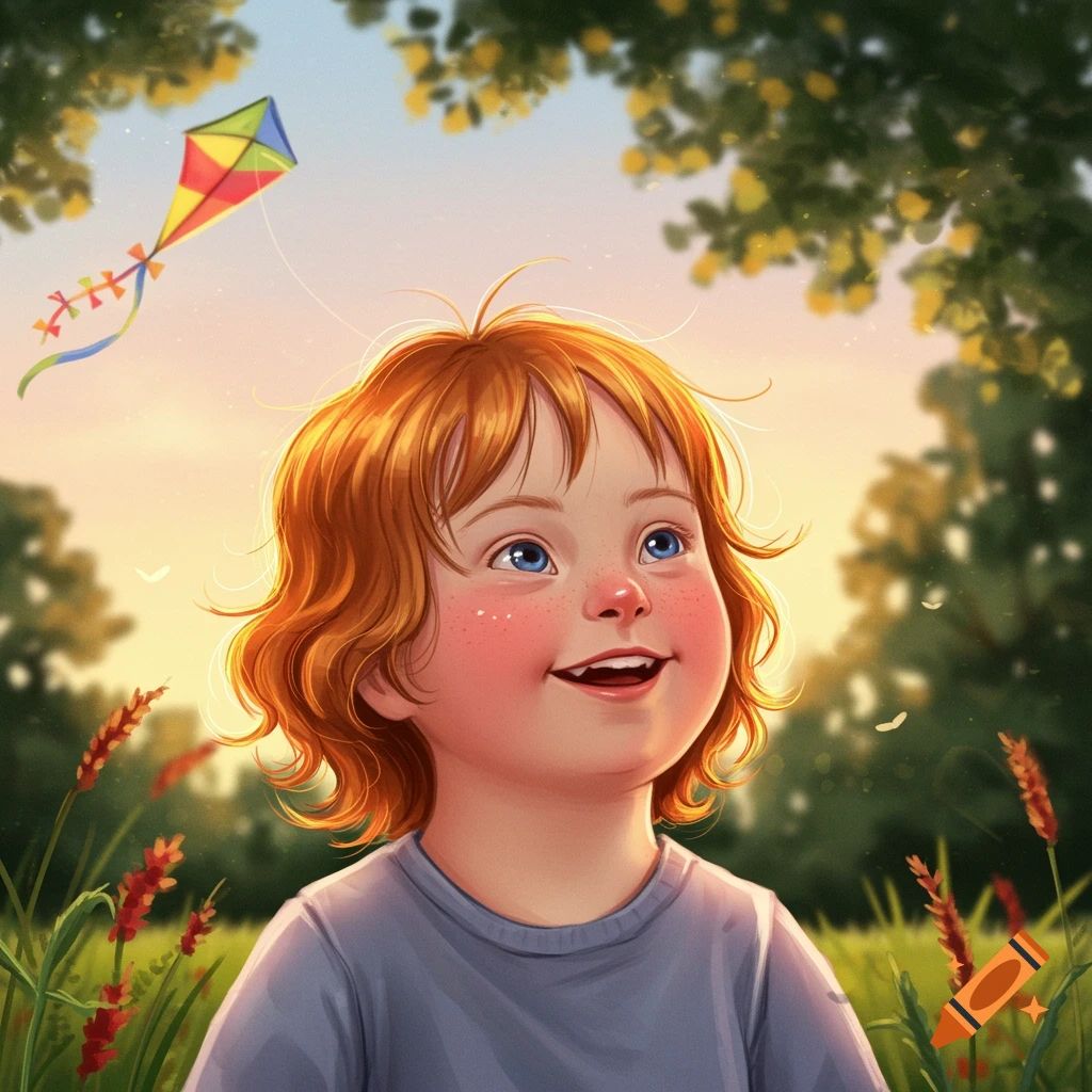 An illustration of a smiling child with red hair and blue eyes, looking up at a colorful kite flying in a sunny field.