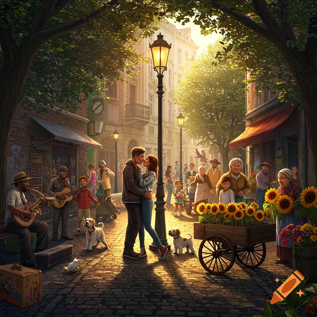 A romantic couple kisses under a street lamp on a busy, sunny cobblestone street with musicians, vendors, and pedestrians.