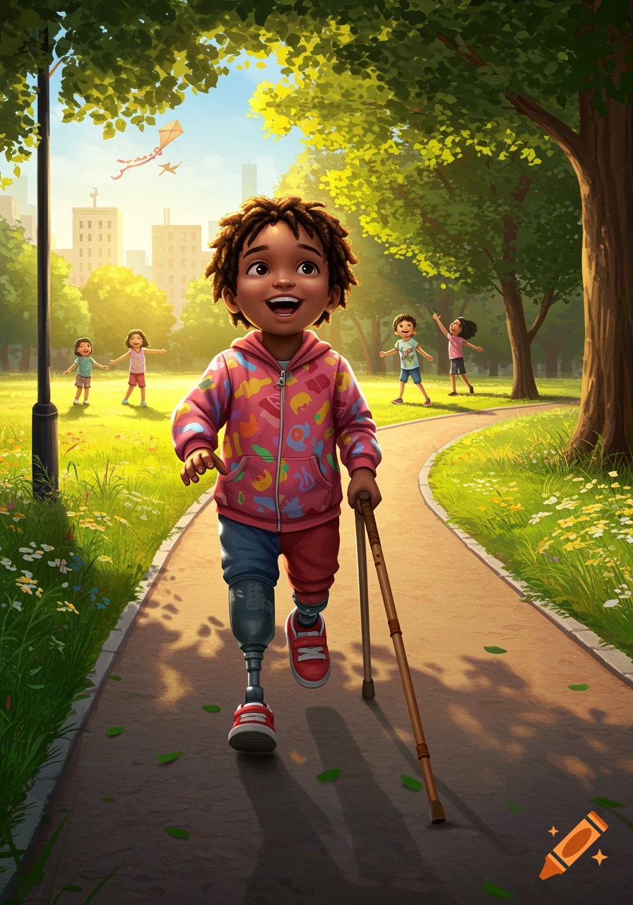 A cheerful cartoon child with a prosthetic leg and cane walks on a sunny park path, with other kids playing in the background.