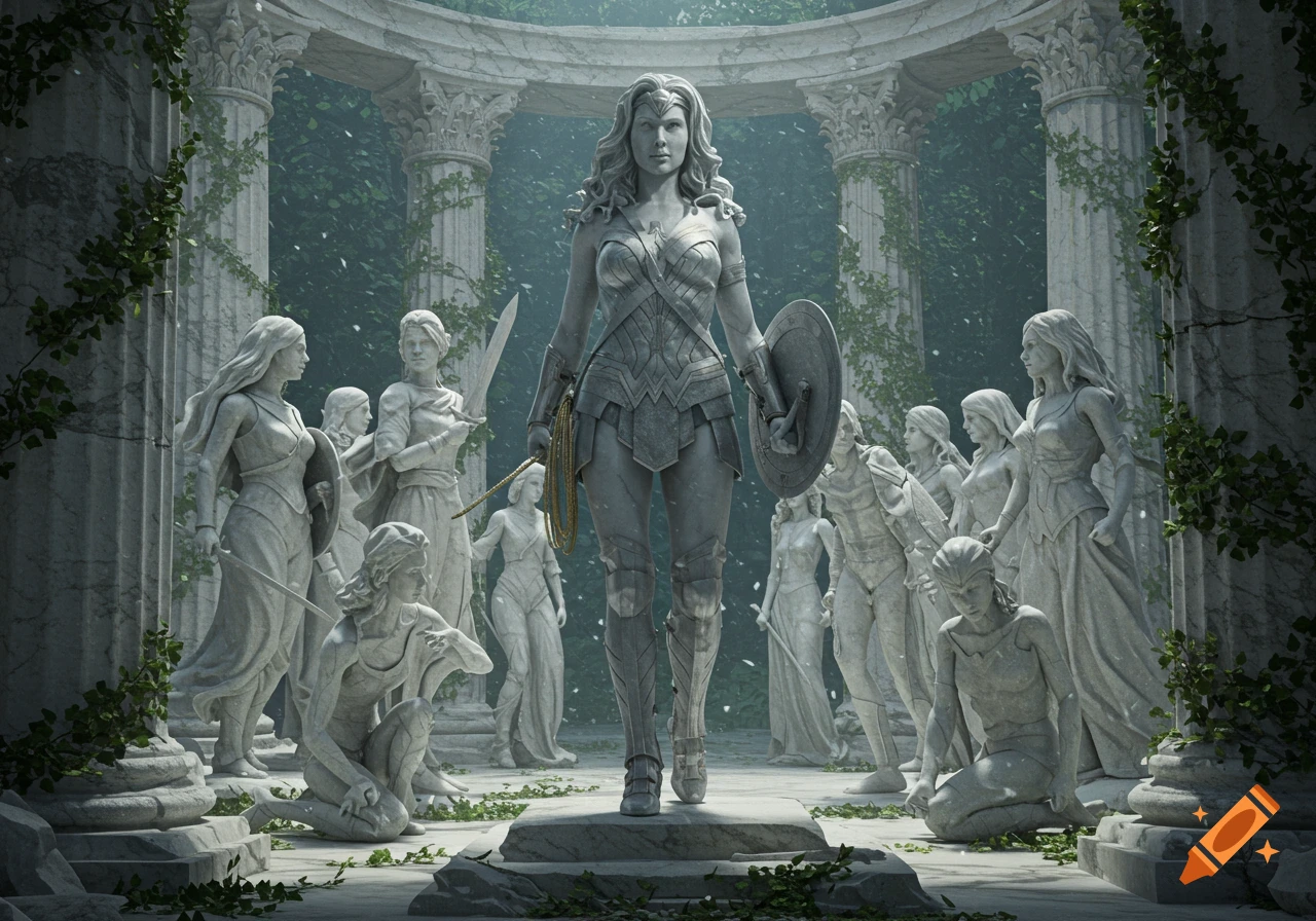 A group of female warriors, including Wonder Woman, depicted as marble statues in a classical overgrown ruin.