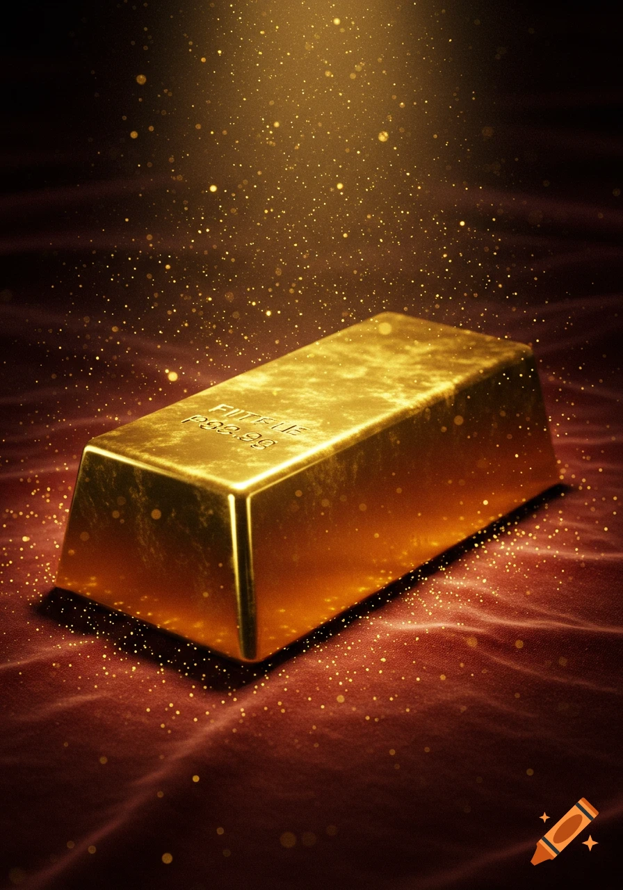 A gleaming gold bar rests on a dark red, textured cloth, surrounded by sparkling golden dust particles illuminated by a spotlight.