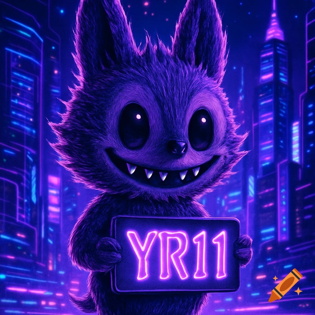 A furry purple creature with large black eyes and a wide smile revealing sharp teeth holds a glowing neon sign that reads 'YR11' against a futuristic city background with purple and blue neon lights.