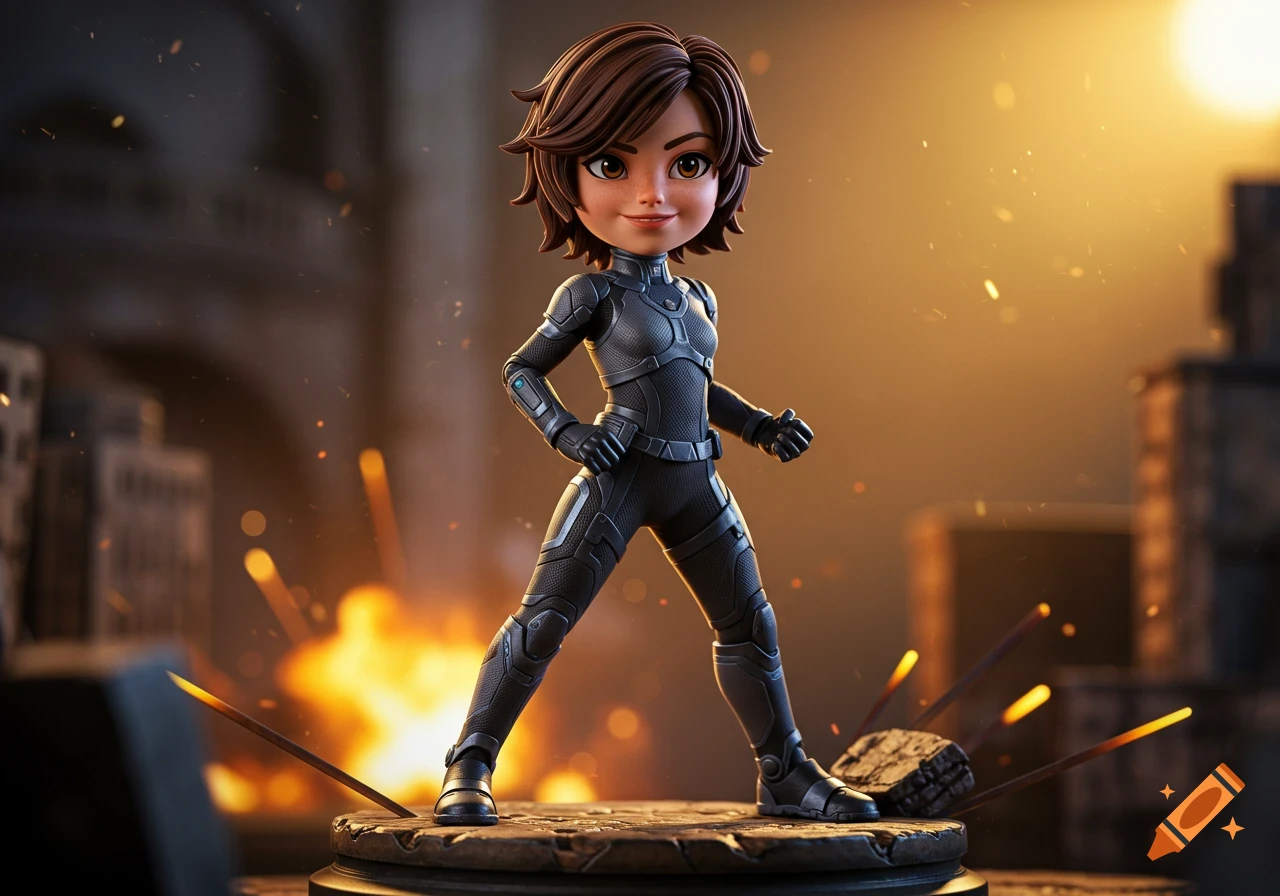 Digital art of a stylized short girl action figure with brown hair and eyes, wearing a dark grey suit, standing heroically amidst fiery explosions and debris.