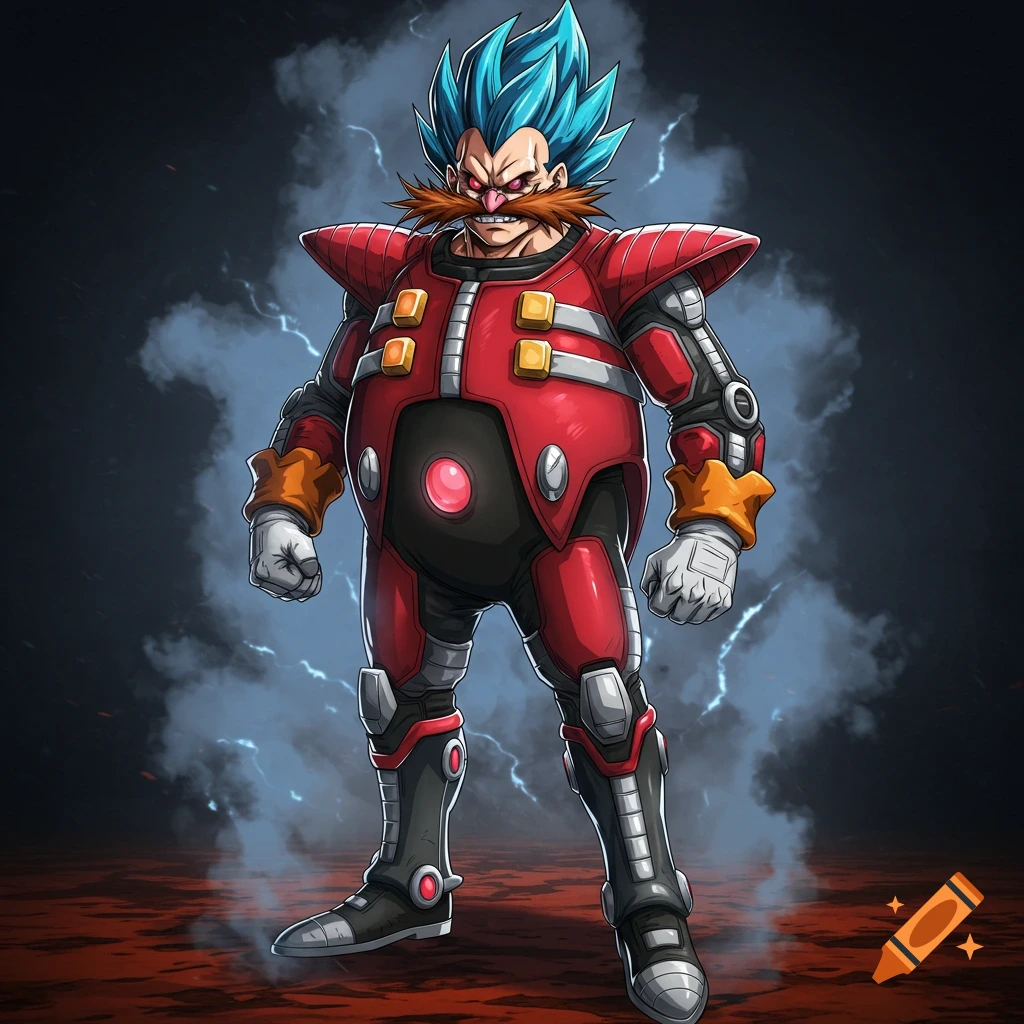 A muscular Dr. Eggman with blue spiky Vegeta hair and a red battle suit stands in a smoky, stormy environment.