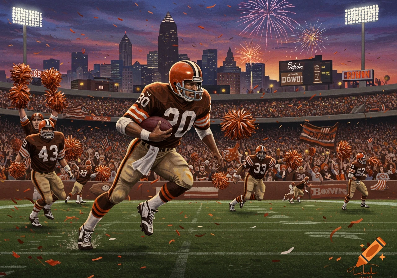 Stylized painting of Cleveland Browns football players running on a field with fans, a city skyline, and fireworks at sunset.