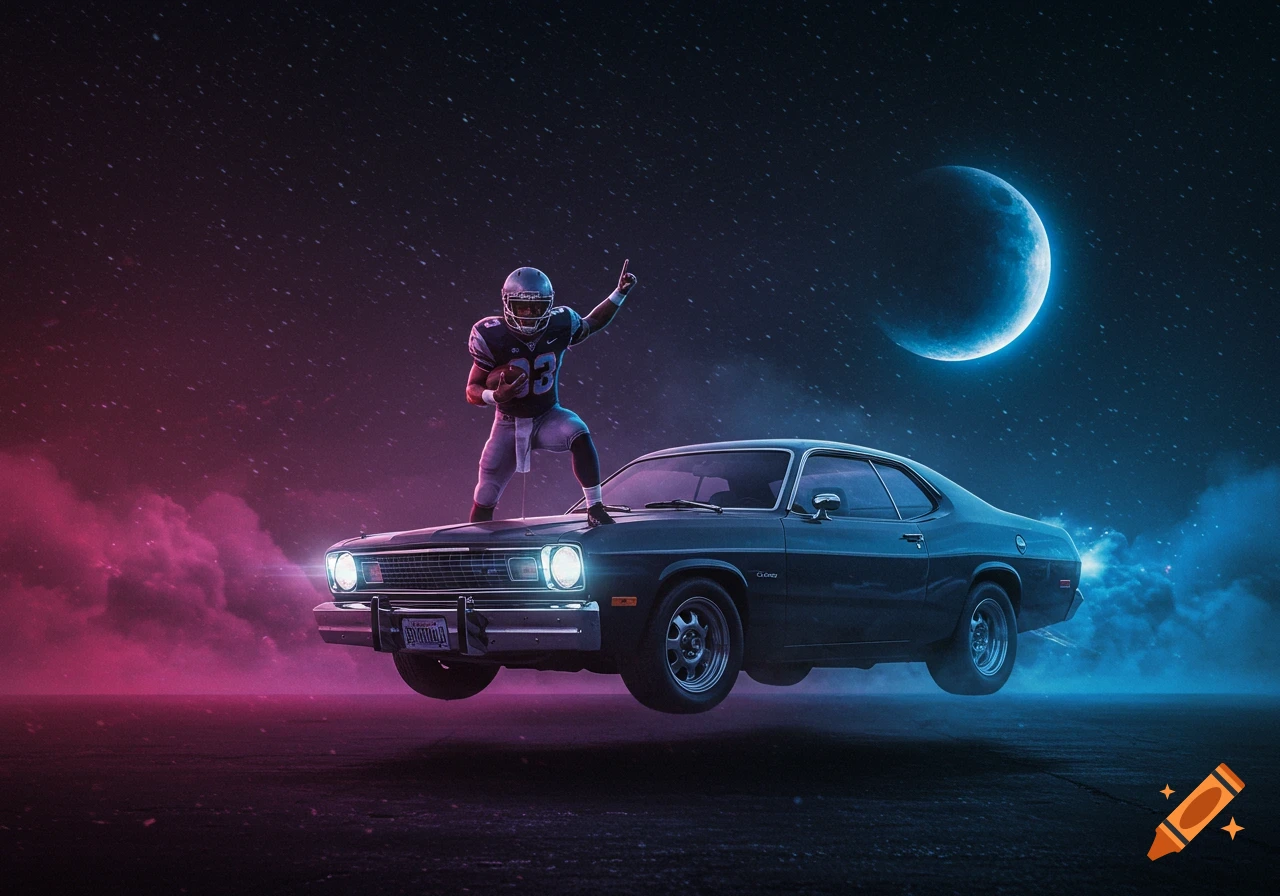 Football player in uniform holding a ball, standing on a flying classic car against a starry, neon-lit sky with a crescent moon.