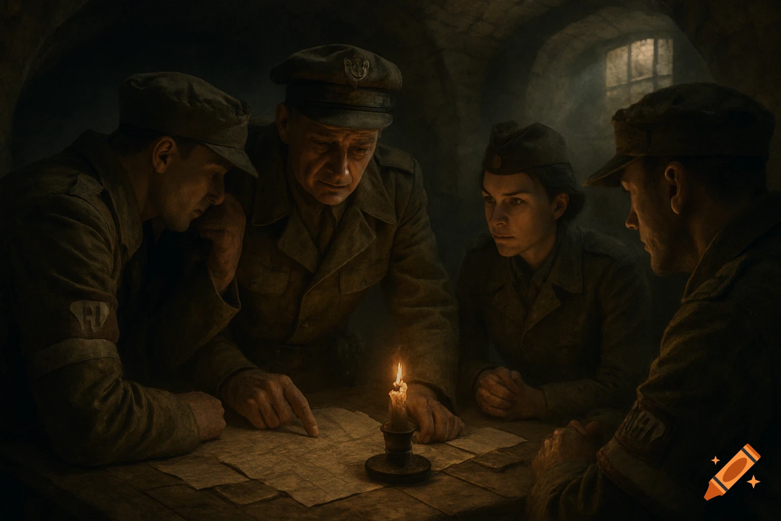 Four soldiers in a dark room gather around a map lit by a single candle, discussing strategy in a photorealistic style.